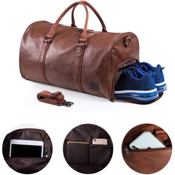 PU Leather Travel Bag with Shoe Pouch -Waterproof Weekender - Large Duffel Bag - Picture 4 of 6